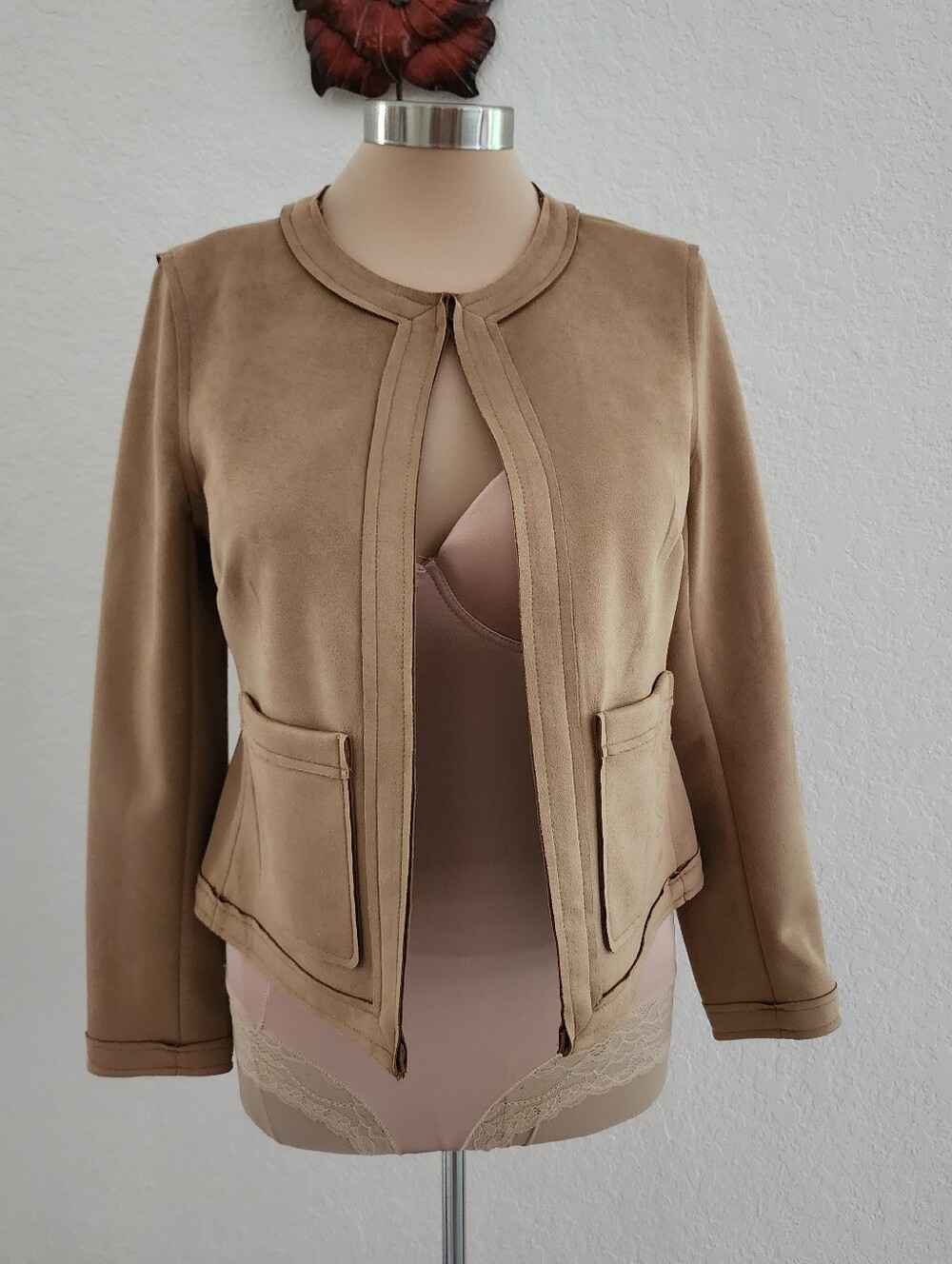 TAHARI |  Tan Collarless Suede-Look Jacket
